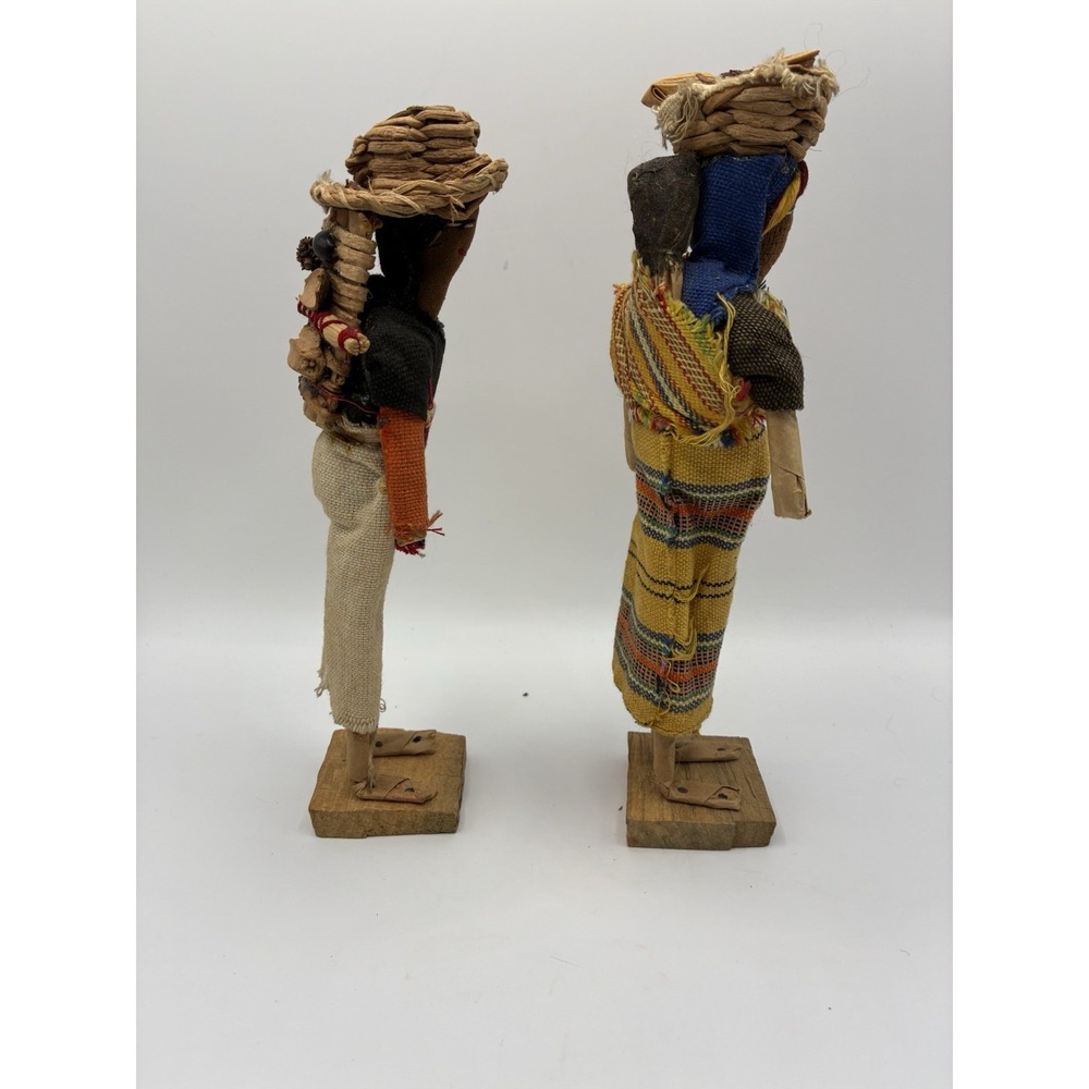 2 Vintage Handmade Guatemalan Folk Art Cloth Dried Hay Stick Doll Figures 9" - Picture 2 of 5